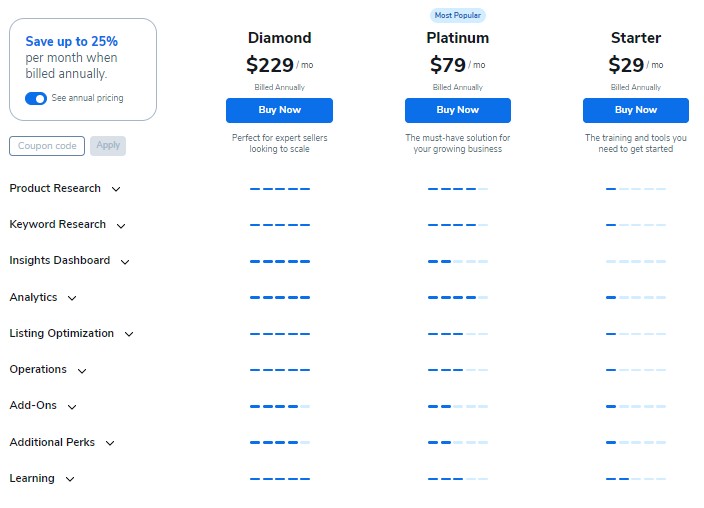 pricing plans of helium 10 tool